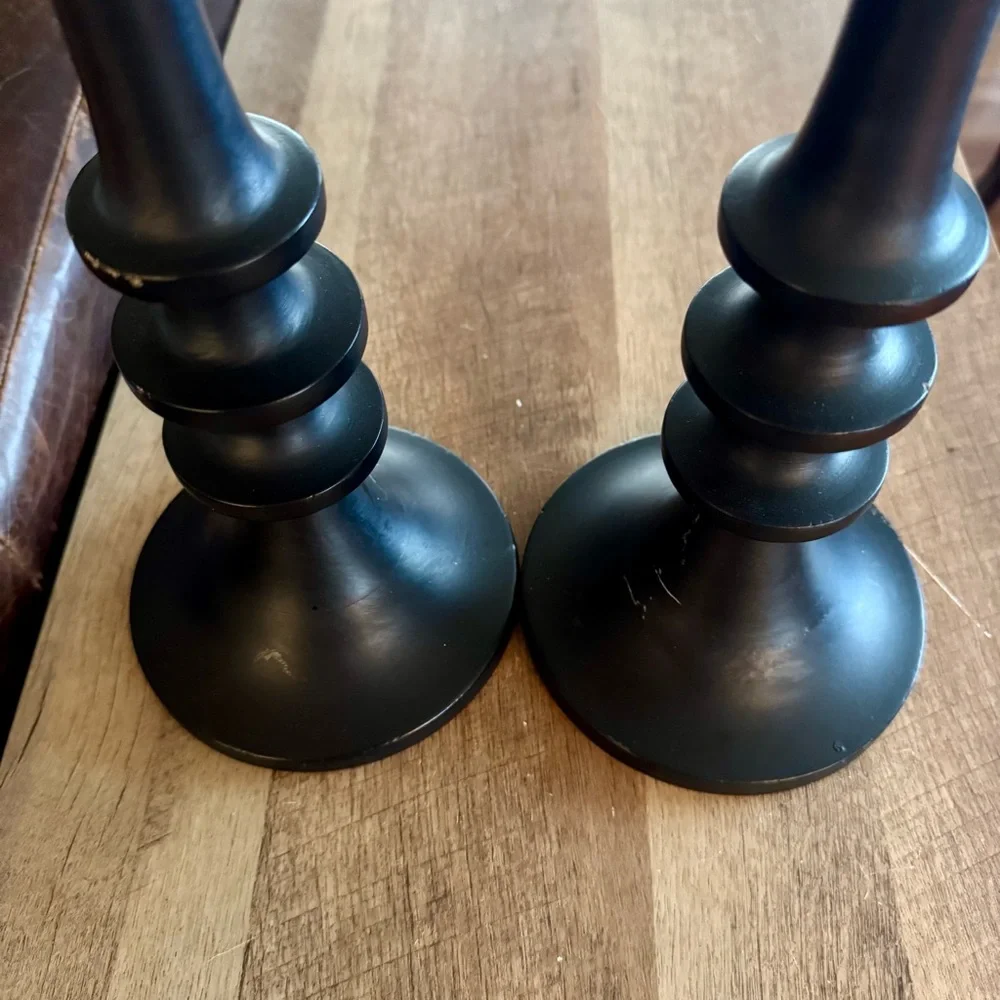Cost Plus World Market Black Mango Wood Ringed Taper Candle Holder Matte 16